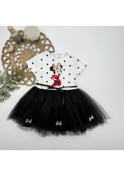 Puantiyeli Mickey Baskılı Kurdela Kuşaklı Astarlı Kız Bebek Tütü Elbisesi Siyah