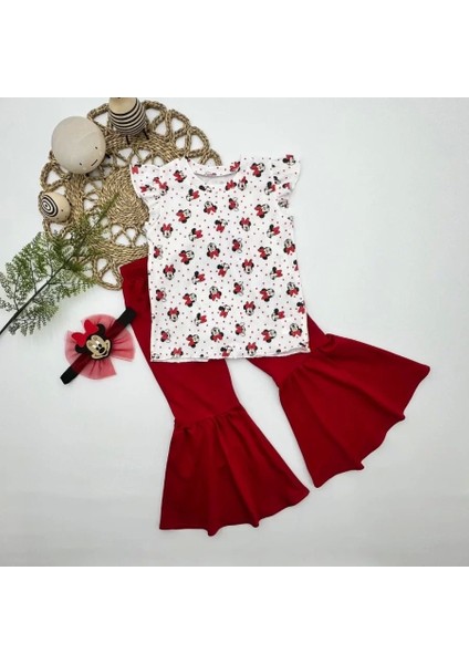 Mickey Baskılı Bandanalı Tişört Ispanyol Paçalı Likralı 3lü Kız Çocuk Takımı Kırmızı