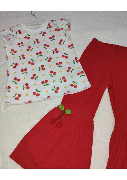 Kiraz Baskılı Tişört Ispanyol Paçalı Likralı 2li Kız Çocuk Takımı Kırmızı fiyatları