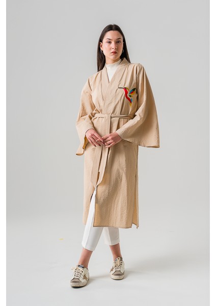 Kimono Camel Rengi Uzun Kuş Desenli Nakışlı modelleri