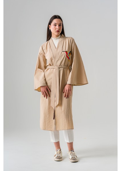 Kimono Camel Rengi Uzun Kuş Desenli Nakışlı fırsatları