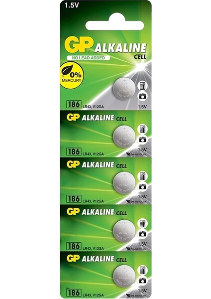 Gp 186 LR43 Alkalin 1.5V Düğme Pil ( (186F-2C5) 5li Paket