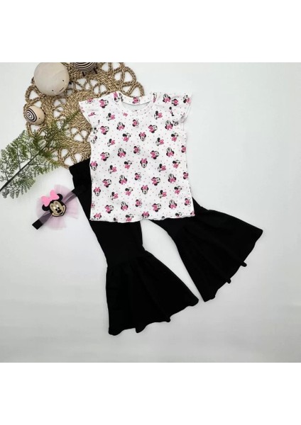 Mickey Baskılı Bandanalı Tişört Ispanyol Paçalı Likralı 3lü Kız Çocuk Takımı Siyah