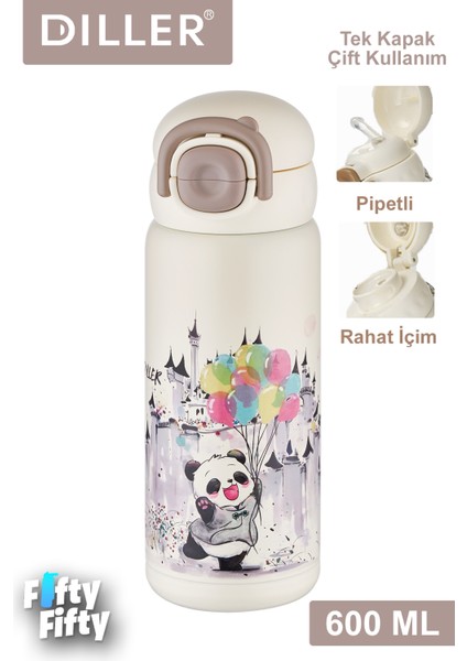 Dıller 600 ml Tek Kapak Çift Kullanım Pipetli/pipetsiz Taşıma Kulplu Vacum Cup/çelik Termos -FFDILLERD9252