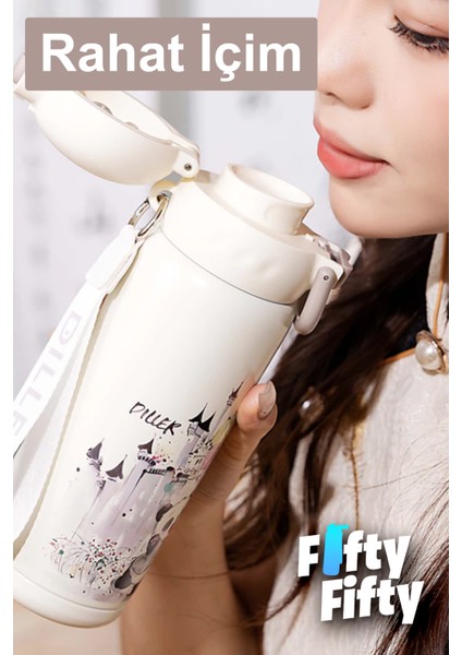 Dıller 600 ml Tek Kapak Çift Kullanım Pipetli/pipetsiz Taşıma Kulplu Vacum Cup/çelik Termos -FFDILLERD9252