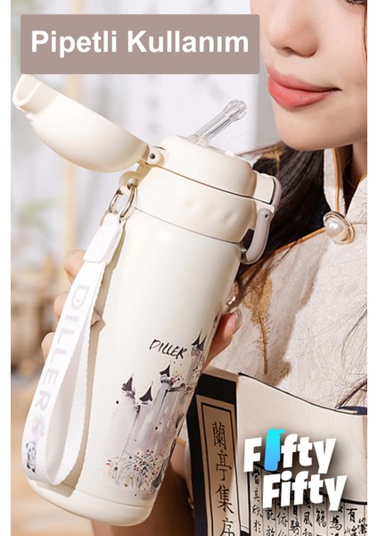 Dıller 600 ml Tek Kapak Çift Kullanım Pipetli/pipetsiz Taşıma Kulplu Vacum Cup/çelik Termos -FFDILLERD9252
