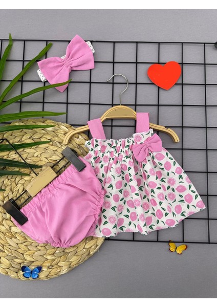 Bandajlı ve Kilotlu Meyve Desenli Askılı 3lü Kız Bebek Elbisesi Pembe