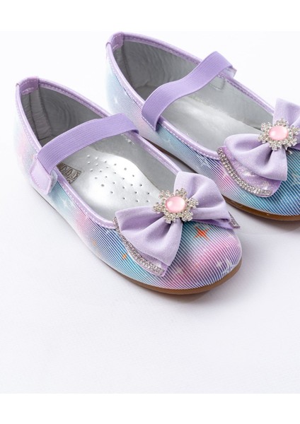 Kız Çocuk Renkli Kar Taneli Taşlı Babet Suni Deri Düz Tabanlı