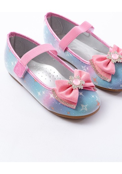 Kız Çocuk Renkli Kar Taneli Taşlı Babet Suni Deri Malzeme Düz Taban