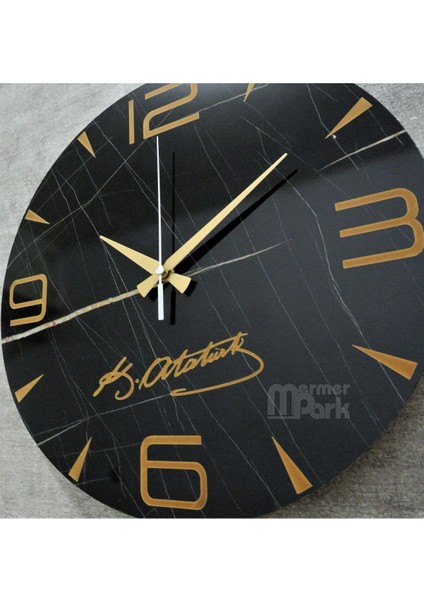 Atatürk Imzalı Siyah Mermer Desenli Yuvarlak Duvar Saati 38 cm