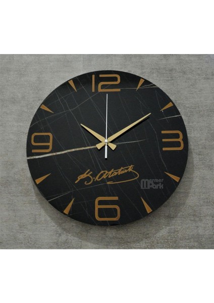 Atatürk Imzalı Siyah Mermer Desenli Yuvarlak Duvar Saati 38 cm fiyatları