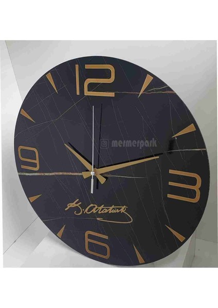 Atatürk Imzalı Siyah Mermer Desenli Yuvarlak Duvar Saati 38 cm modelleri