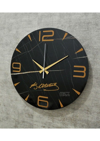 Atatürk Imzalı Siyah Mermer Desenli Yuvarlak Duvar Saati 38 cm indirimleri