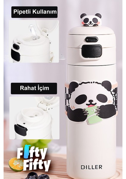 Dıller 480 ml Tek Kapak Çift Kullanım Pipetli/pipetsiz Taşıma Kulplu Vacum Cup/çelik Termos -FFDILLERD9240