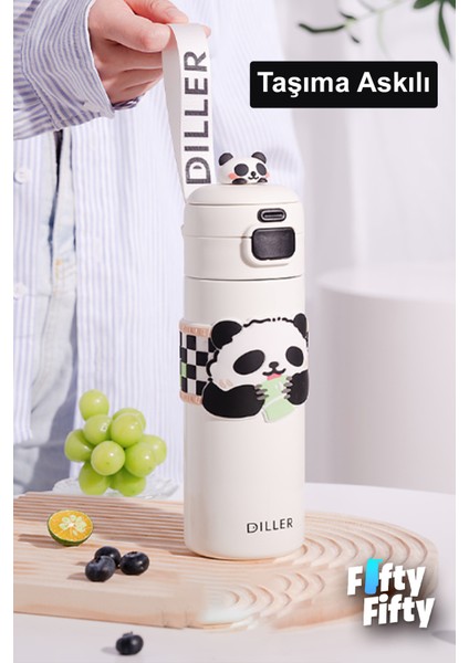 Dıller 480 ml Tek Kapak Çift Kullanım Pipetli/pipetsiz Taşıma Kulplu Vacum Cup/çelik Termos -FFDILLERD9240