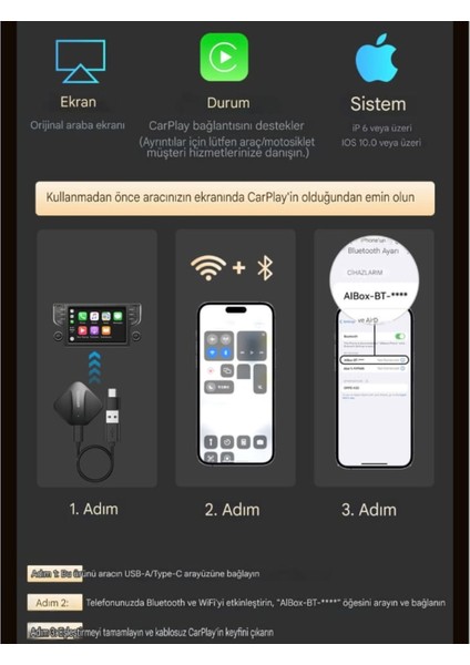Carplay İphone Apple Bluetooth+Wifi Otomatik Tak ve Çalıştır CE Lisanslı Orjinal Carplay Yeni Nesil Son Teknoloji