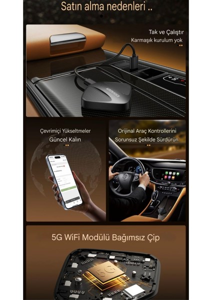 Carplay İphone Apple Bluetooth+Wifi Otomatik Tak ve Çalıştır CE Lisanslı Orjinal Carplay Yeni Nesil Son Teknoloji