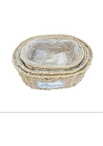 Oval Doğal Hasır Saksı Seti - 3'lü