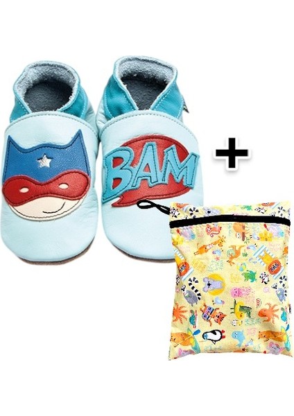 Ikili Set, Yorni Çanta 30x36CM, Summer ve 18-24AY Bebek Superhero Baby Blue El Yapımı Hakiki Deriden Patik