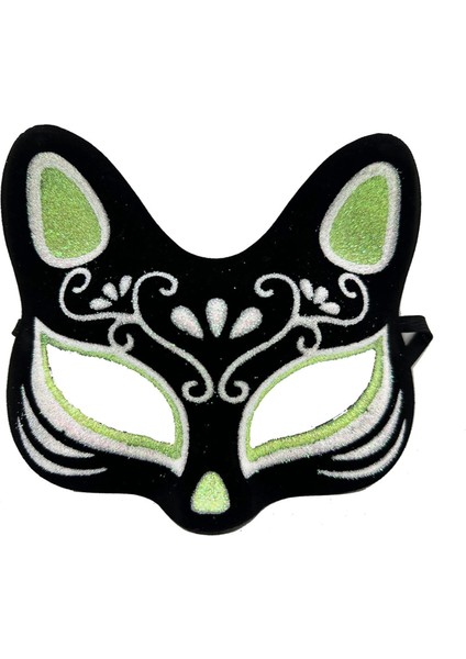 Siyah Renk Süet Kaplama Üzeri Gümüş Yeşil Simli Kedi Maskesi 17x14 Cm (4887)