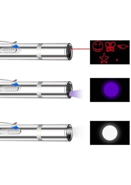 USB Ile Şarj Edilebilen 3ın 1 Kırmızı Işık +Beyaz LED Meşale Işık + Uv El Feneri Kedi Lazeri