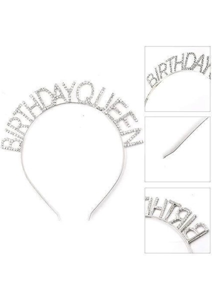 Gümüş Renk Kristal Taşlı Parlak Birthday Queen Yazılı Kraliçe Taç 16 x 17 cm (4887)