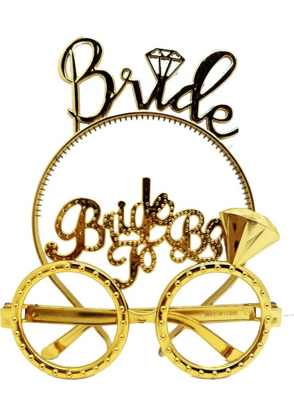Bride Yazılı Taç ve Bride To Be Yazılı Gözlük Seti Altın Renk (4887)