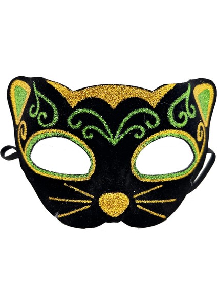 Siyah Kadife Kaplama Üzeri Sarı Yeşil Sim Işlemeli Kedi Maskesi 20X13 cm (4887)