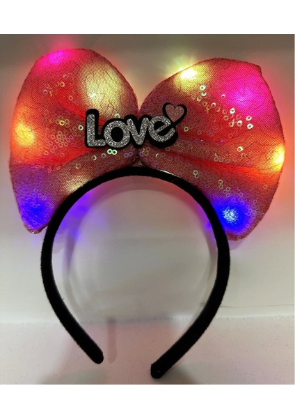 LED Işıklı 3 Farklı Fonksiyonda Yanan Gümüş Love Yazılı Fuşya Pembe Fiyonk Taç 20 x 17 cm (4887)
