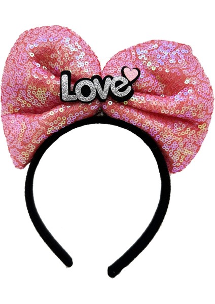 LED Işıklı 3 Farklı Fonksiyonda Yanan Gümüş Love Yazılı Fuşya Pembe Fiyonk Taç 20 x 17 cm (4887)