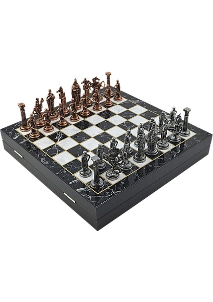 Büyük Boy Metal Ingiliz Satranç Tk. Antik ve Mermer Desenli Sandıklı Mdf TAHTASI(36X36 Cm.)