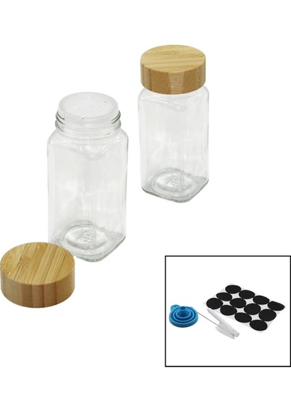 12 Pcs Takım Kare Cam Baharatlık - Tuzluk Bambu Kapaklı (4887)