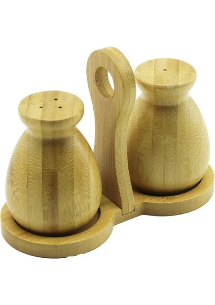 2 Pcs - Şişe Modeli Ahşap Bambu Tuzluk - Baharatlık Tutacaklı Ahşap Stand (4887)