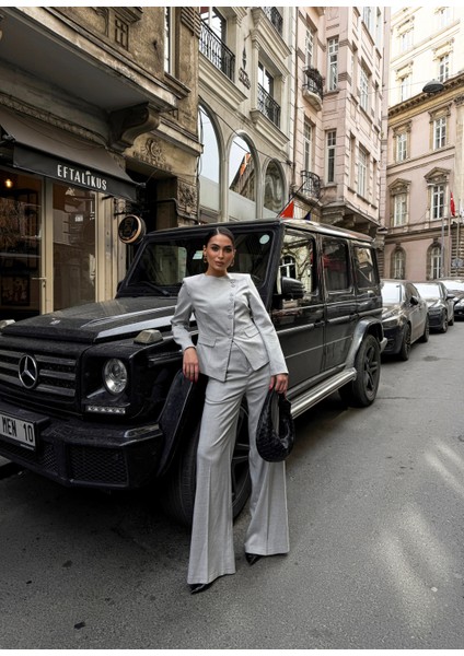 Kadın Poliviskon Asimetrik Düğmeli Vatkalı Ceket Pantolon Takım