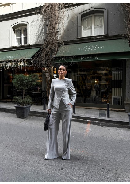 Kadın Poliviskon Asimetrik Düğmeli Vatkalı Ceket Pantolon Takım fırsatları