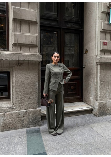 Kadın Poliviskon Asimetrik Düğmeli Vatkalı Ceket Pantolon Takım fırsatları