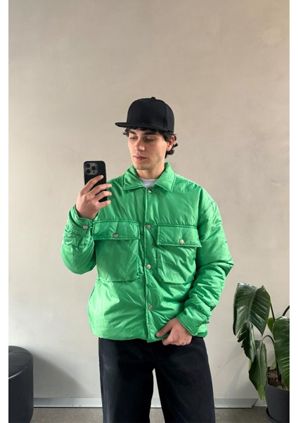 Kapitone Ince Ön Cep Detay Yeşil Ceket