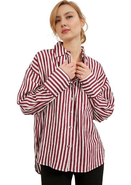 Kadın Cepli Kalın Çizgili Ütü Gerektirmeyen Oversize Gömlek