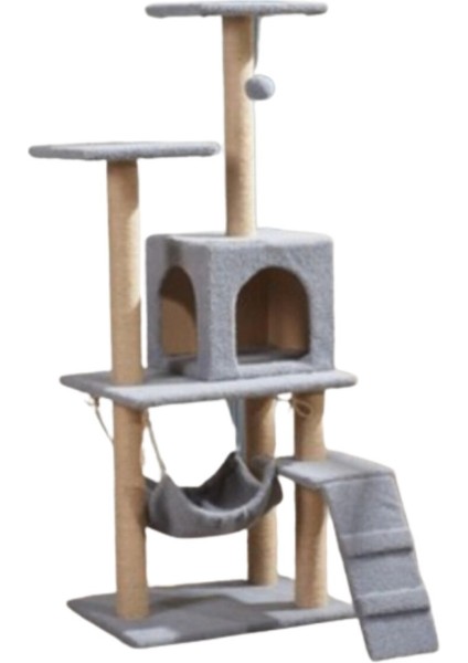 B-07 Hamaklı Yuvalı Lüx Kedi Tırmalama Oyun Evi Gri