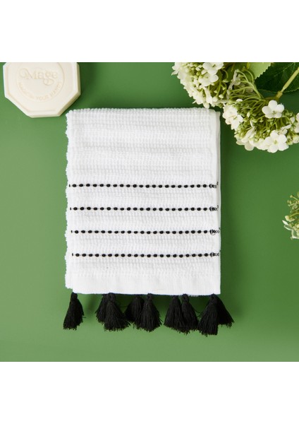 Soft Püsküllü El Havlusu - Beyaz / Siyah - 30X50 cm