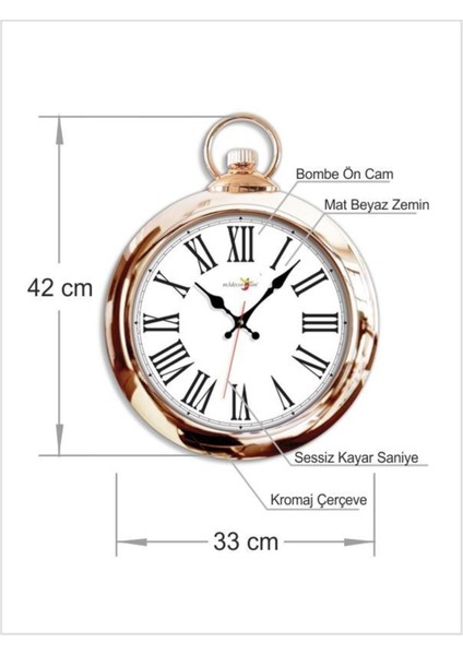 Parlak Altın Nikelajlı Çerçeve Siyah Roma Rakamlı Beyaz Zemin Bombe Cam Köstekli 42 cm Duvar Saati fiyatları