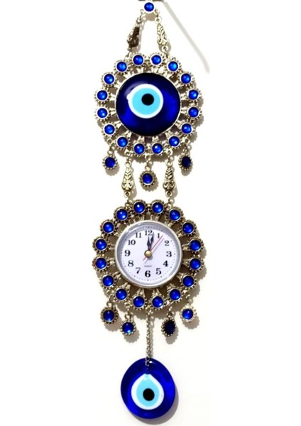 Nikel Zamak Kaplamalı Nazar Boncuklu Gümüş Rengi Duvar Saati