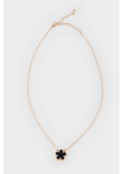 Kadın Siyah Çiçekli Gold Kolye E8308AXNS