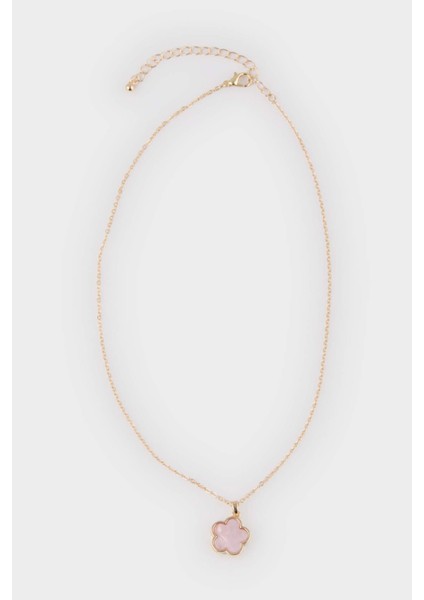 Kadın Pembe Çiçekli Gold Kolye E8308AXNS