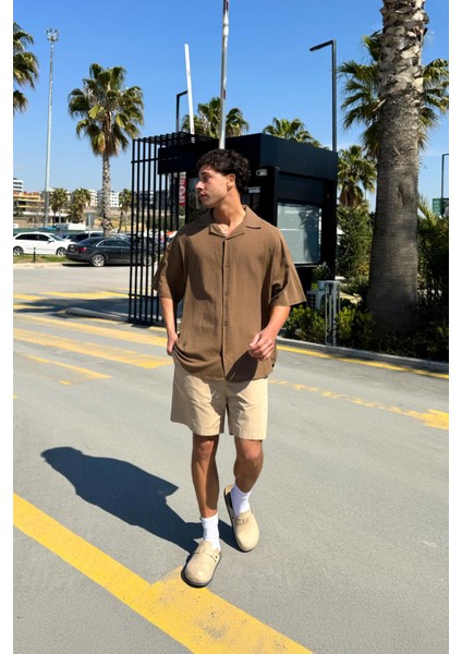 V Yaka Oversize Kısa Kol Keten Gömlek