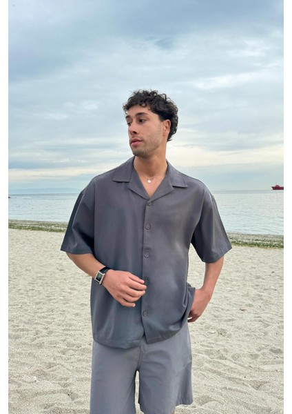 Gabardin Kumaş Oversize Kısa Kol Gömlek