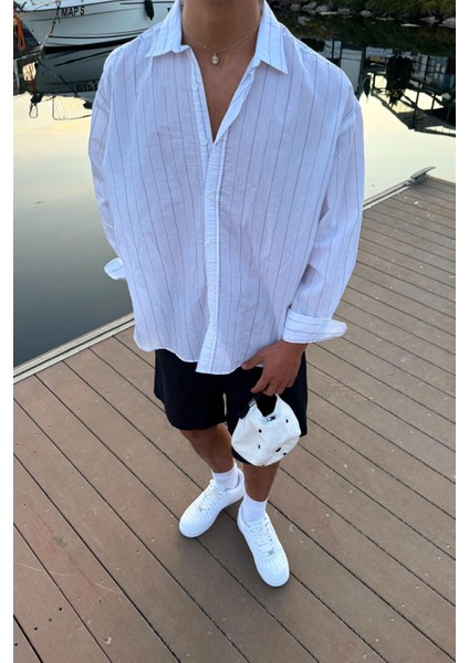 Çizgili Oversize Beyaz Uzun Kol Gömlek modelleri