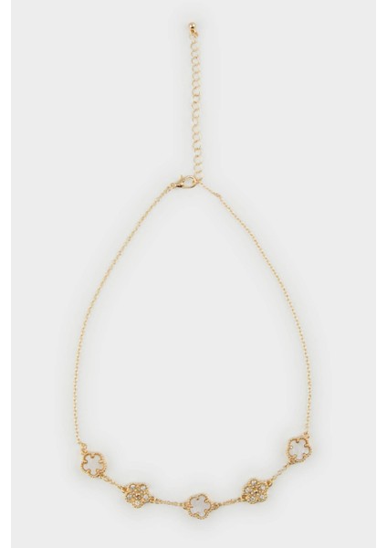 Kadın Beyaz Çiçekli Gold Kolye E8307AXNS