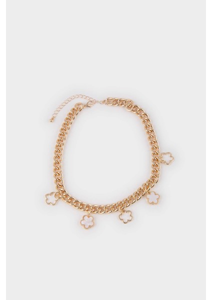 Kadın Beyaz Çiçekli Kalın Zincir Gold Kolye E8306AXNS