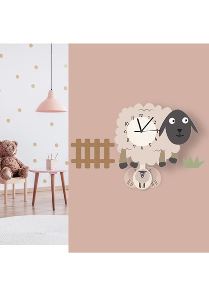 Sallanan Ahşap Sarkaçlı Sevimli Kuzu Çocuk Duvar Saati